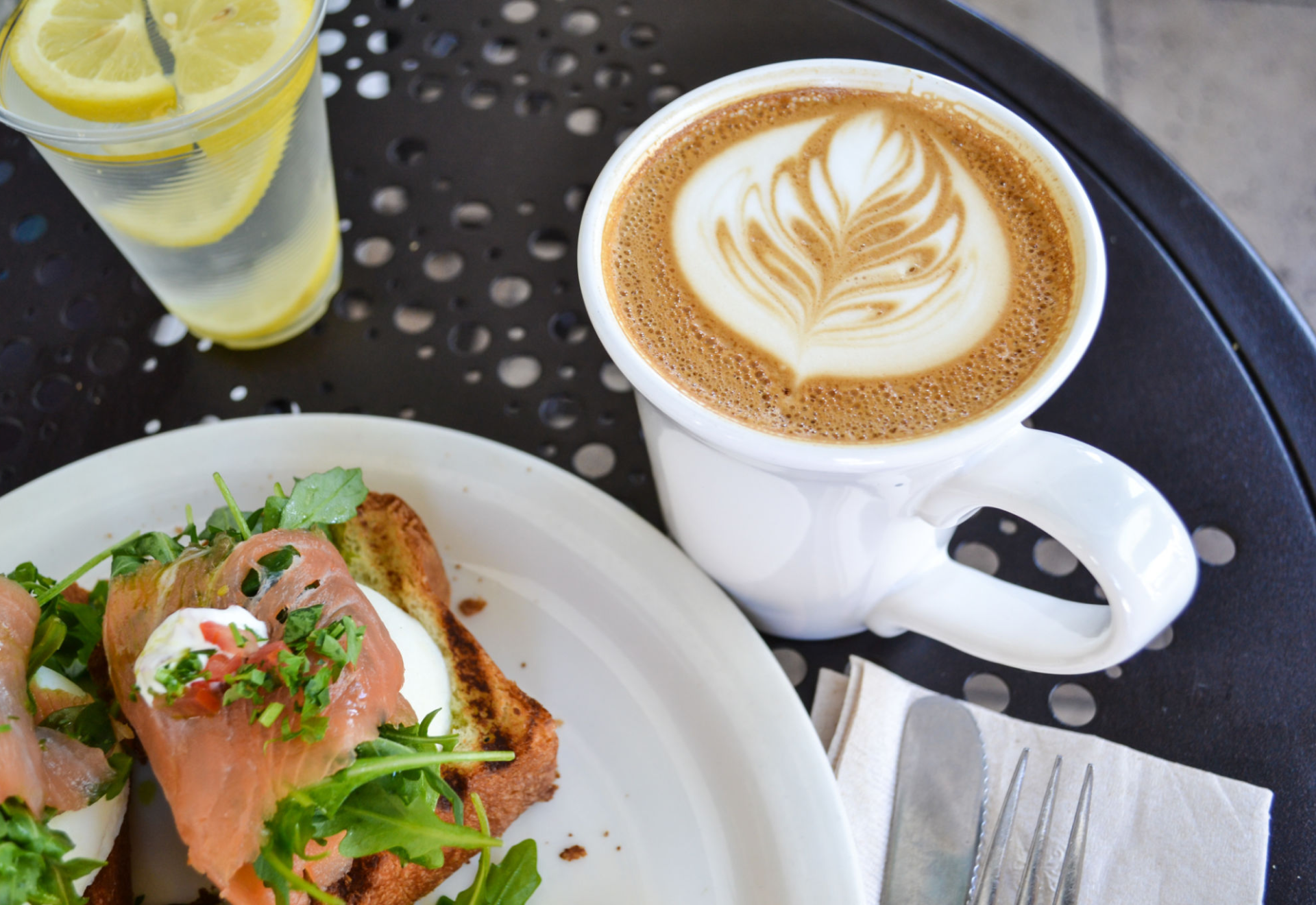 Smoked salmon toast and cappuccino